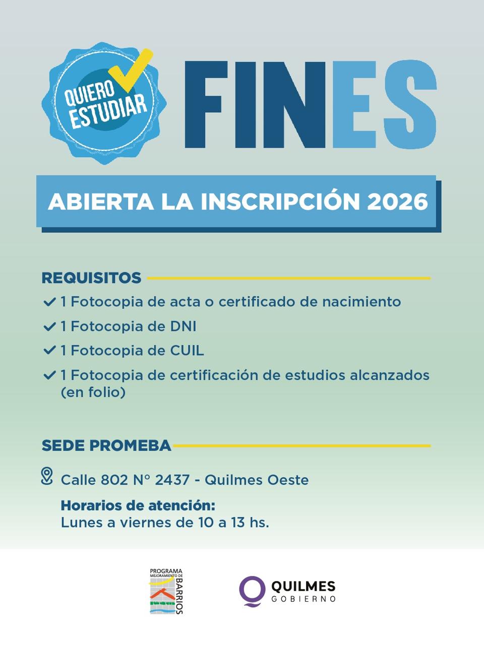  INSCRIPCIÓN PARA EL PROGRAMA FINES Y PARA CURSOS Y TALLERES  2026